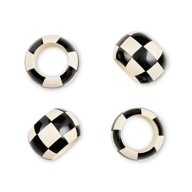 Black and White Check Wood Napkin Rings, Set of 4